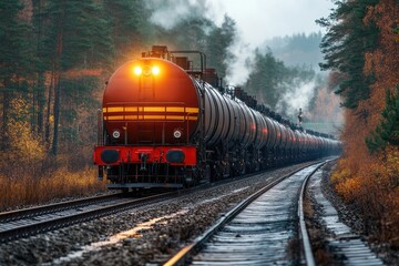 Obraz premium Freight train carrying oil tankers traveling through autumn forest