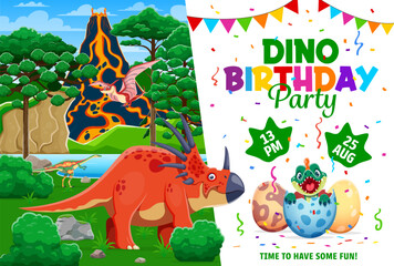 Dino birthday party flyer with cartoon dinosaurs, reptiles and pterosaur characters. Prehistoric volcano and forest vector background with dino baby, dinosaur eggs, confetti and flags, invite card © Vector Tradition