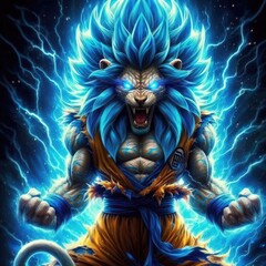 Naklejka premium illustration blue angry lion with blue energy aura, ai