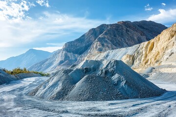 Granite mining site with raw material mounts