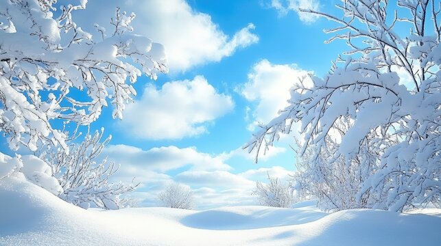 Beautiful winter landscape with snow covered trees and blue sky
