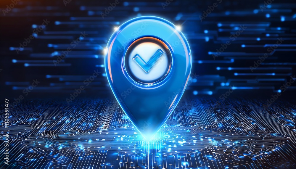 Poster a digital depiction of a blue location pin featuring a check mark, surrounded by glowing particles, 