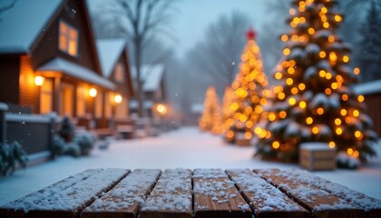Snowy winter scene with Christmas lights, houses. Decorated trees with twinkling lights are blurred in background. Empty wooden table is covered in fresh snow. Festive atmosphere in winter wonderland.
