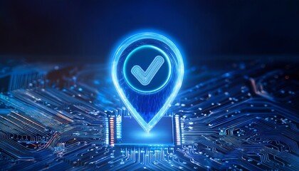 A glowing digital location pin with a checkmark, set against a circuit board background, symbolizes technology and accuracy in navigation.