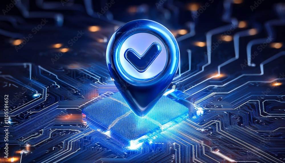 Poster a glowing blue checkmark symbol on a circuit board background, representing verification or approval