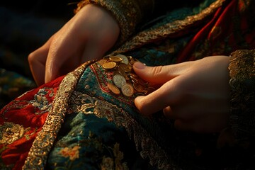 Woman In Rich Clothing Handling Golden Coins