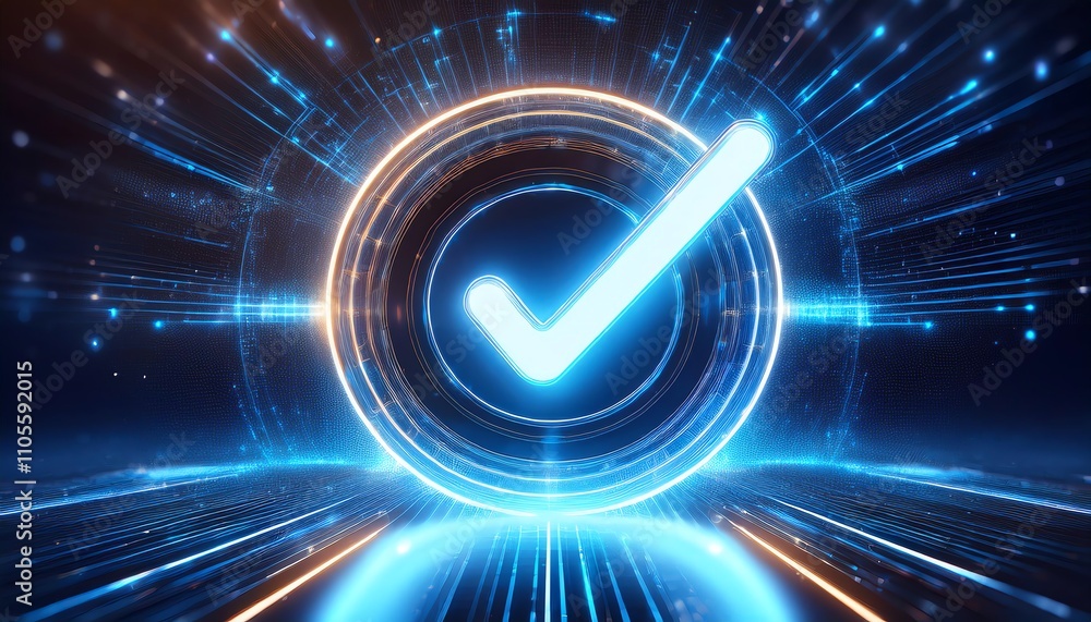Poster a glowing blue checkmark inside a circular digital frame, surrounded by dynamic light effects, repre