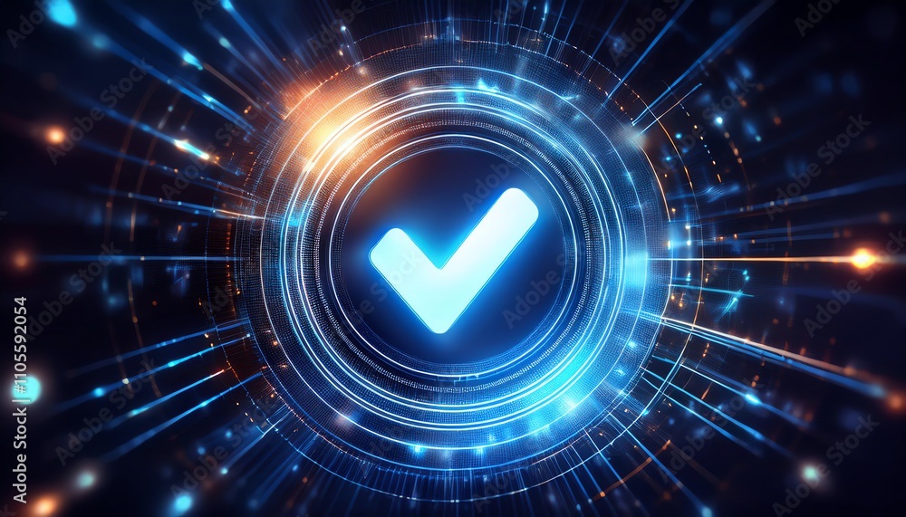 Poster a glowing blue checkmark is surrounded by dynamic light rays, symbolizing approval and technology in