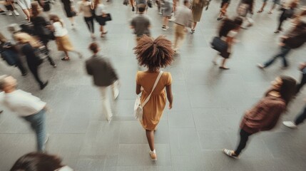 Solitude in Motion: Woman in Yellow Dress Amidst Urban Crowd