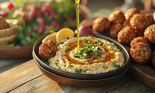 Hummus and falafel served with fresh herbs and lemon.