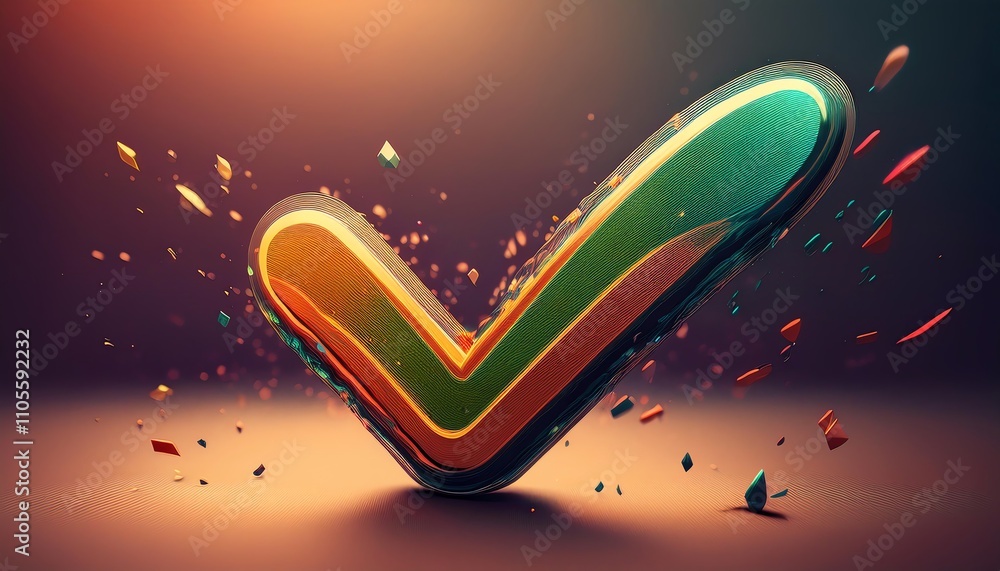 Poster a colorful 3d checkmark design with dynamic elements, symbolizing confirmation or approval in a vibr