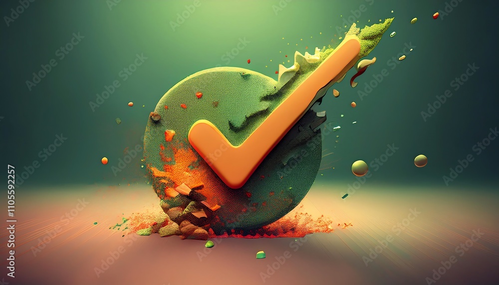 Poster a vibrant, animated checkmark symbolizing success and achievement, bursting with colorful particles 
