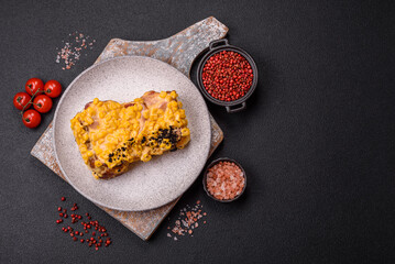 Sandwich with brioche, meat, melted cheese, corn, salt, spices and herbs