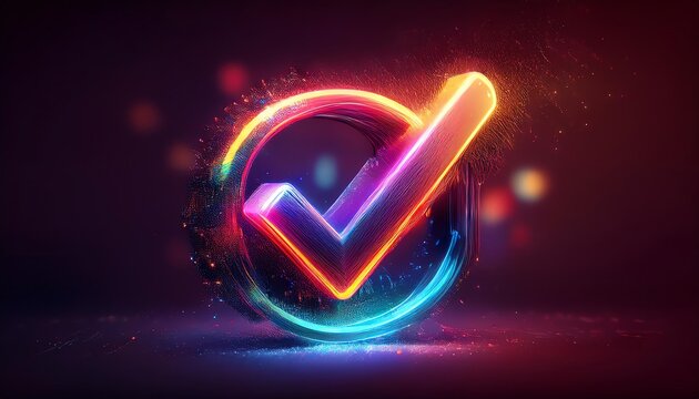 A colorful, glowing checkmark symbol within a circular design, representing approval, success, or completion against a dark, sparkling background.