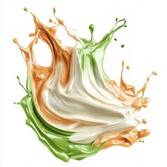 vibrant explosion of gold,dusty blue, blush, soft tan paints splashing on a white background