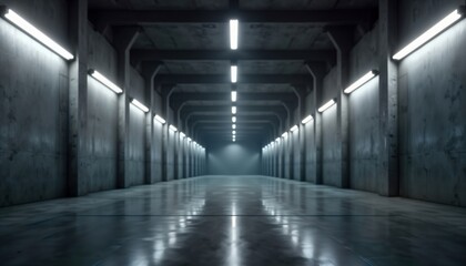 Empty futuristic industrial hall with low light. Dark concrete walls, floor create minimalist modern interior. Modern warehouse with bright led lights. Empty parking garage. Abstract architecture