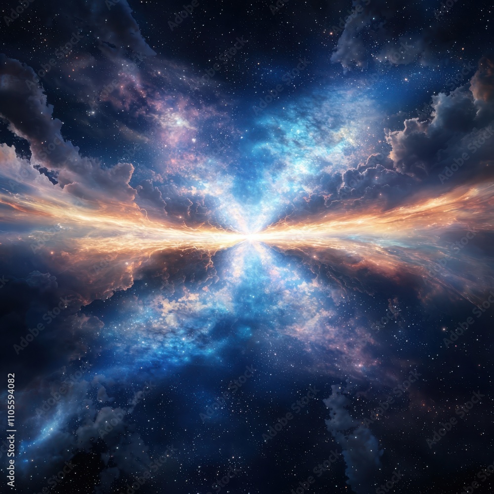 Poster exploring interstellar quantum entanglement light bridges connecting distant cosmic realms in the va