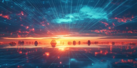 Futuristic Sunset AI Network Landscape Digital Art