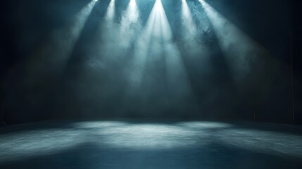 Obraz premium Three Stage Lights Illuminate Smoky Dark Stage