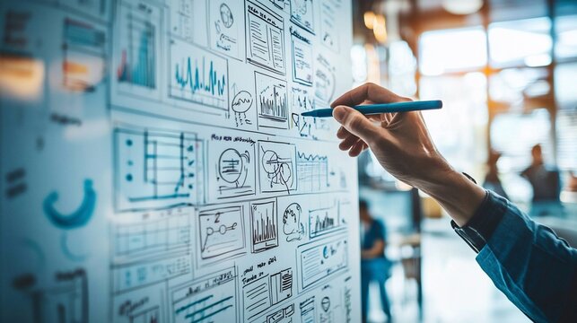 Close-up of hand sketching interface design on whiteboard.
