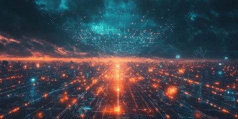 Futuristic Cityscape AI Network Digital Landscape Smart City Glowing Neural Networks