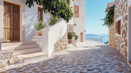 Fototapeta premium Exploring mediterranean coastal village architecture soft light intricate textures serenity coastal views architectural design