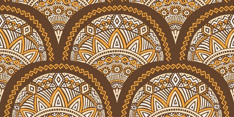 Seamless african pattern with scallop shape. Savanna tribal vector ornament. Hand drawn ethnic carpet with weave. Modern geo print on textile. Ancient rug design for bohemian interior.