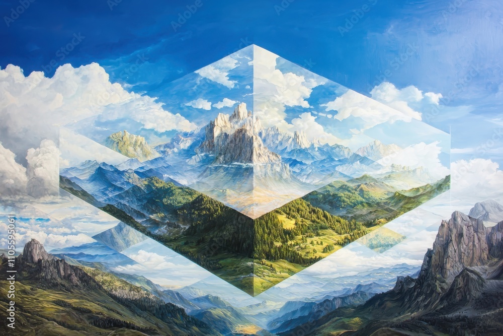 Poster exploring the intersection of multidimensional landscape reality layers and geometric forms in natur