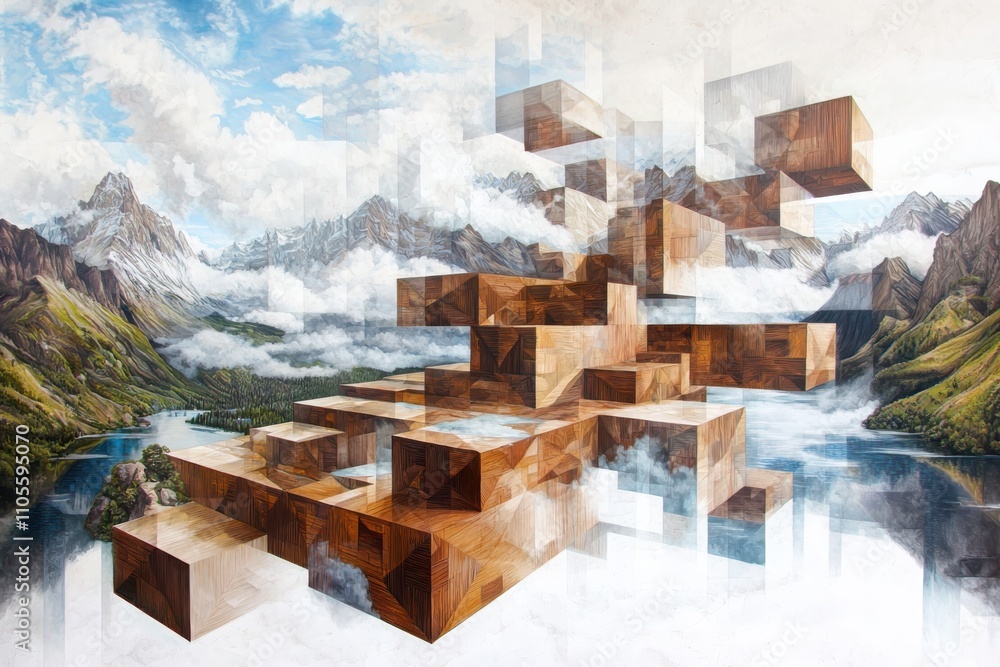 Poster exploring multidimensional landscape reality layers intersecting with geometric forms in an artistic