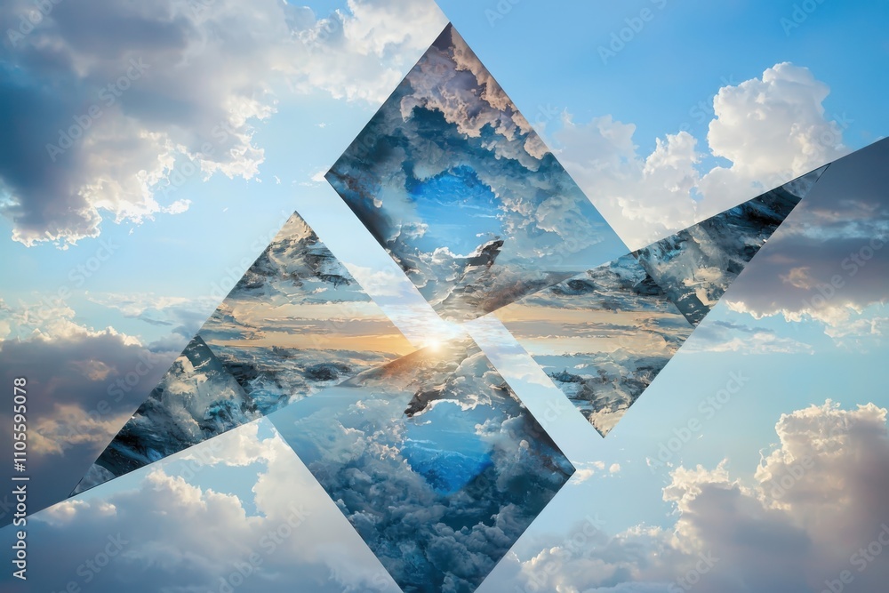 Poster exploring multidimensional landscape reality layers intersecting with geometric forms in a surreal e