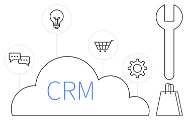 CRM cloud with lightbulb, shopping cart, and speech bubbles, cogwheel, wrench, shopping bag. Ideal for customer management, sales support marketing automation e-commerce innovation. Line