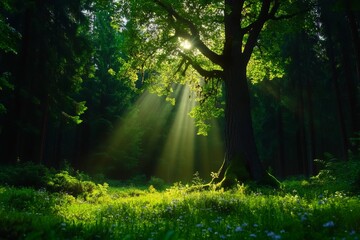 Fototapeta premium Sunbeams Filtering Through Dense Forest Illuminating the Undergrowth