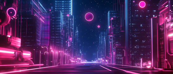Futuristic Neon Cityscape at Night with Glowing Buildings and Planets