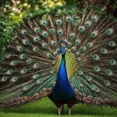 A vibrant peacock displaying its feathers in a lush green garden.

