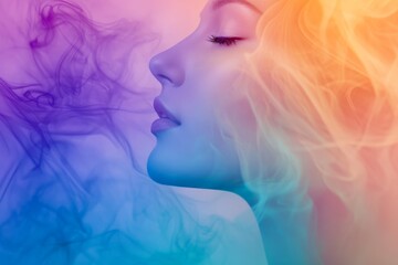 An enchanting image of a woman's face softly enveloped in swirling colorful smoke, symbolizing mystery, calm, and the ethereal nature of dreams and thoughts.