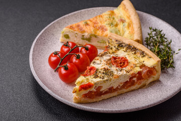 Delicious quiche with broccoli, cheese, chicken, spices and herbs