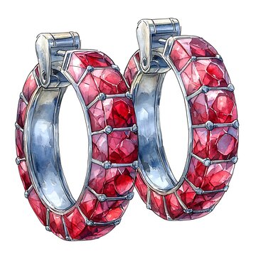 Watercolor illustration of a pair of ruby and silver hoop earrings.