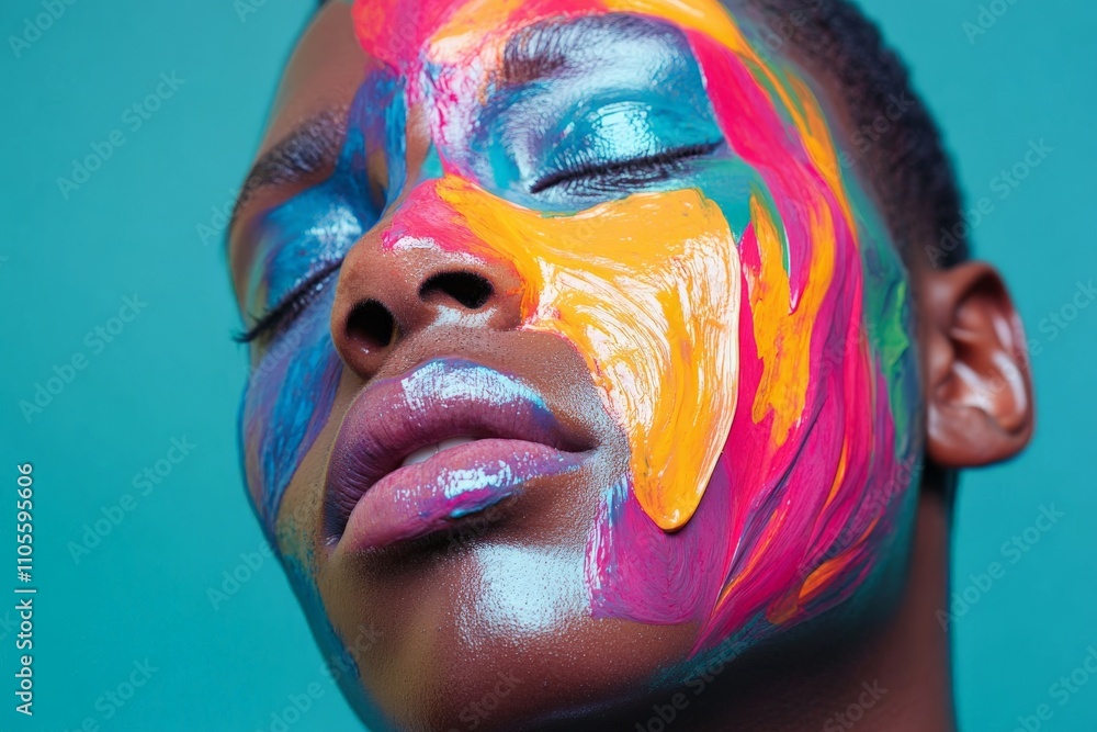 Aufkleber Vivid and abstract portrait with colorful paint applied, symbolizing creativity and expression, bridging the gap between visual art and human emotion.