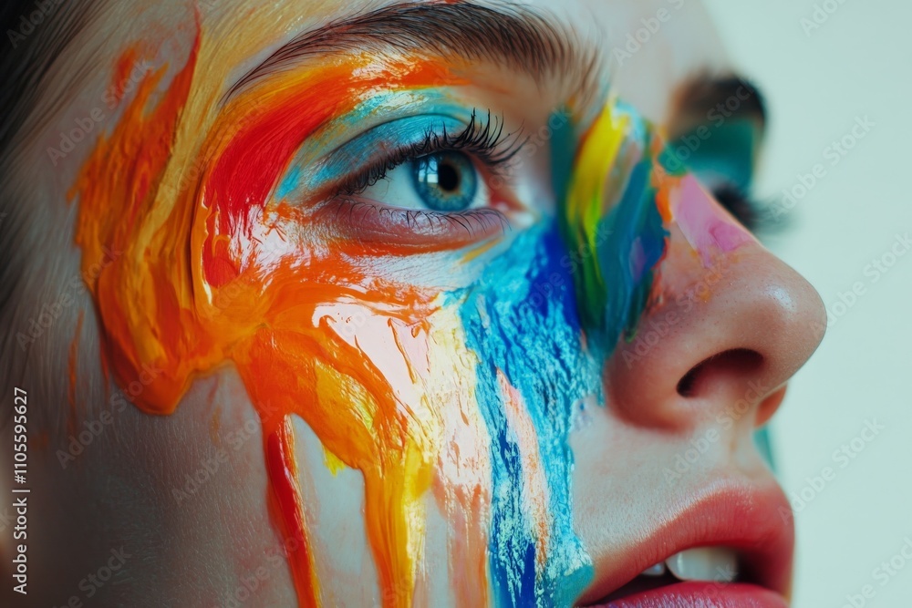 Poster a captivating close-up of a face with bright and vibrant colors accentuating the eye's gaze, symboli
