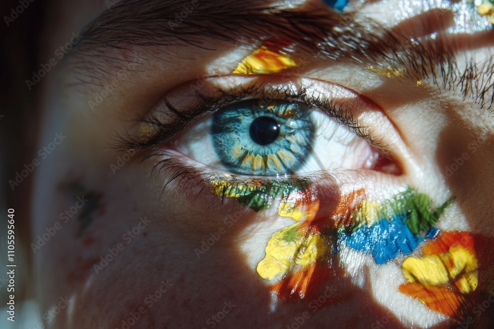 Poster a detailed close-up of an eye embellished with intricate color patterns and textures, reflecting cre