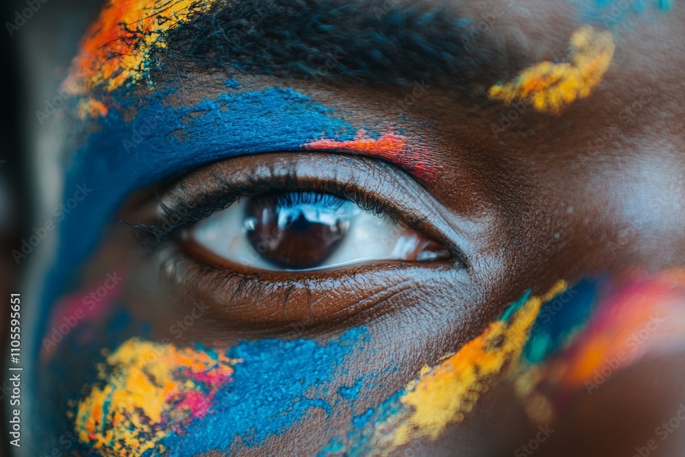Poster An intense brown eye set against an artistic explosion of blue and yellow paint, showcasing a vivid and dynamic interplay of colors reflecting strength and creativity.