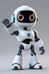 Friendly white robot with blue accents waving hello. Suitable for technology, robotics, AI, and futuristic design concepts. Perfect for presentations or web designs.