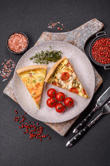 Delicious quiche with broccoli, cheese, chicken, spices and herbs