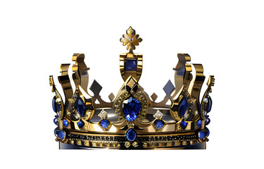 Gold crown with blue gems, luxurious and regal. Suitable for royal concepts, monarchy themes, jewelry design, and fantasy illustrations.