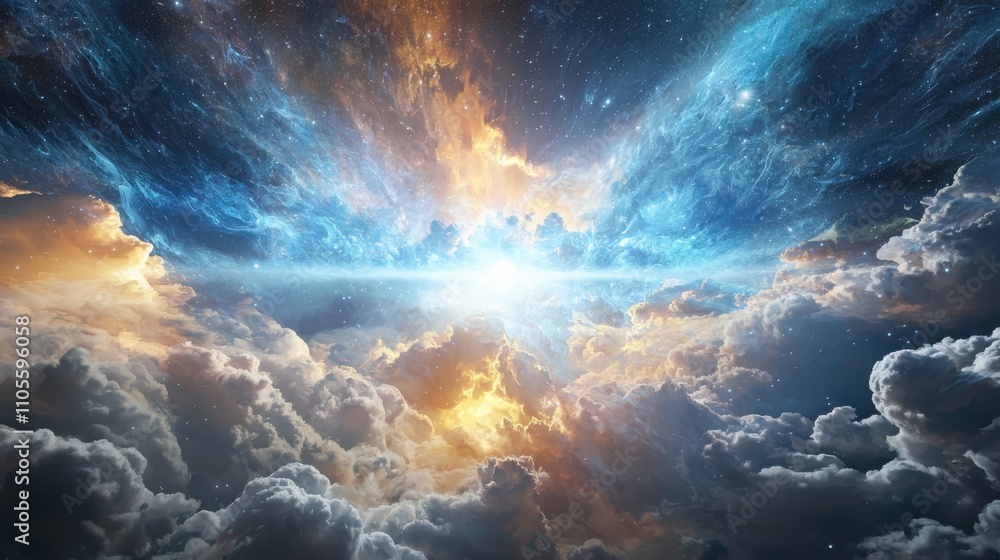 Poster exploring quantum realm visualization of parallel universe boundaries through fractal patterns in an