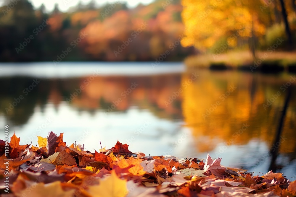 Poster a serene autumn scene featuring vibrant orange and yellow leaves with a calm lake in the background,
