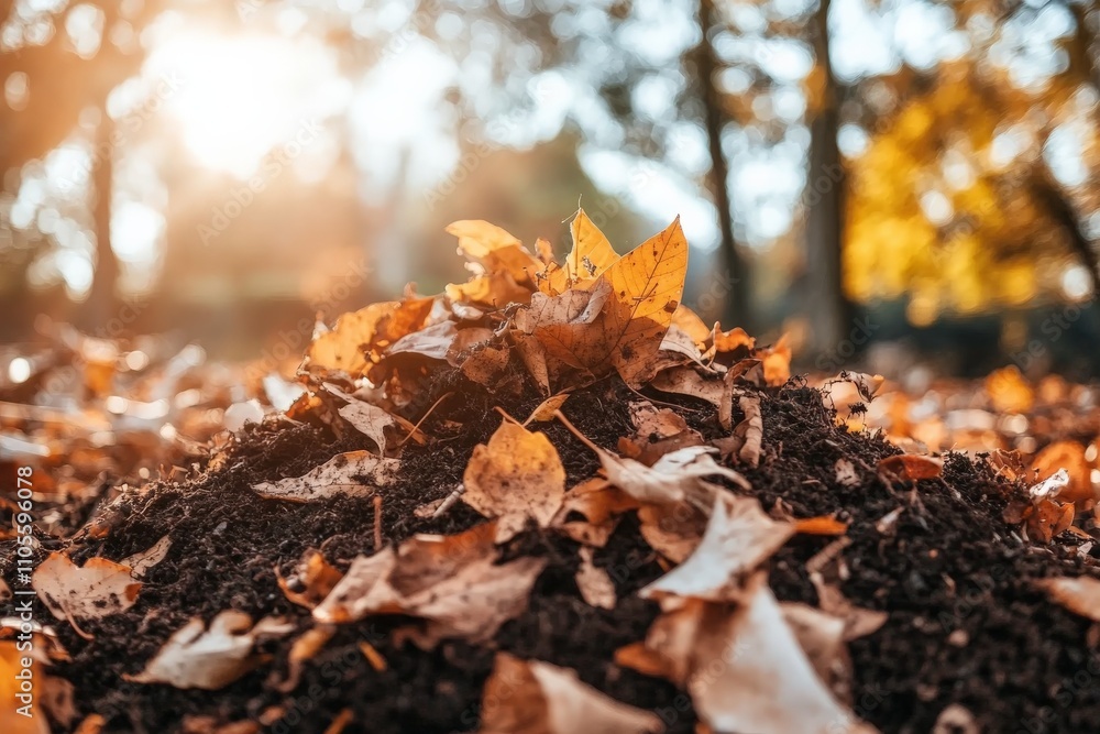 Poster A close-up photo depicting a warm pile of autumn leaves illuminated by sunlight, with an abstract blurred bokeh background creating an inviting, cozy atmosphere.