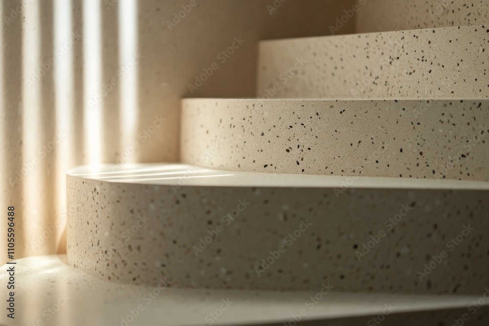 Poster Elegant curved staircase constructed from terrazzo material with intricate light patterns casting shadows, exhibiting a modern and sophisticated architectural design.