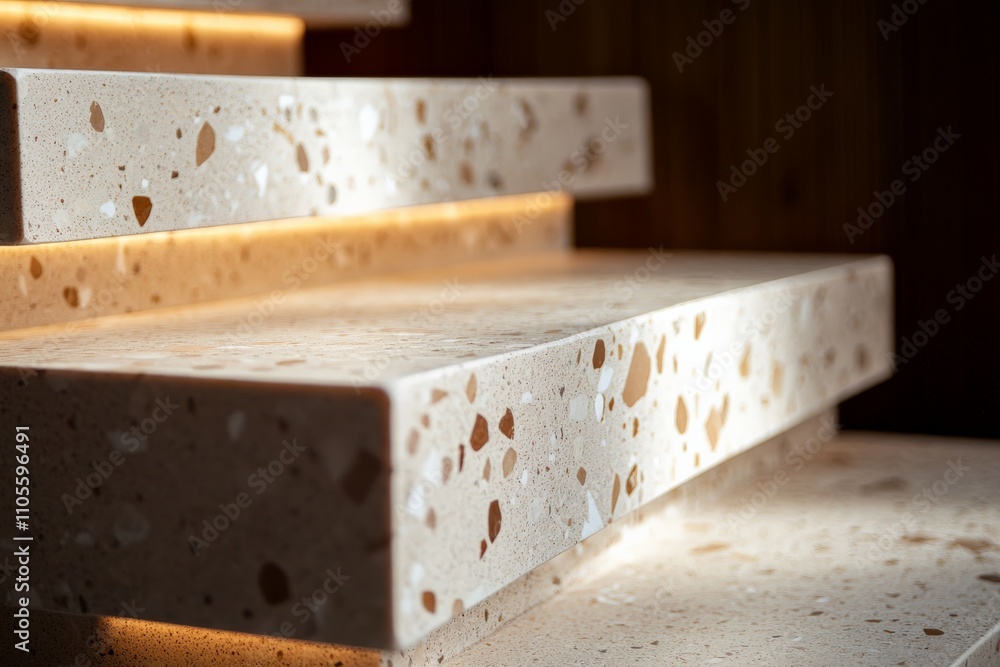 Poster Terrazzo stone staircase illuminated with soft lighting, showcasing an interplay of light and texture typical of modern and luxurious architectural spaces.
