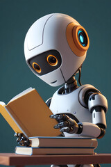 White robot reading yellow book on wooden desk, suitable for educational concepts, technology, futuristic themes, and artificial intelligence designs